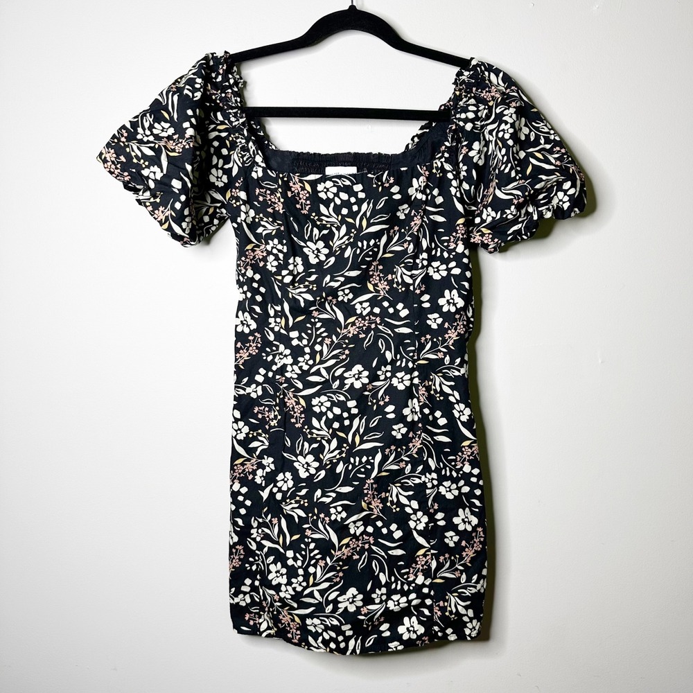 Lost + Wander Floral Mini Dress Women XS Black Puff Sleeve Smocked Excellent